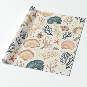 Papel De Presente Padrão de Luxo Costeiro Azul Coral Amarelo-Pêssego