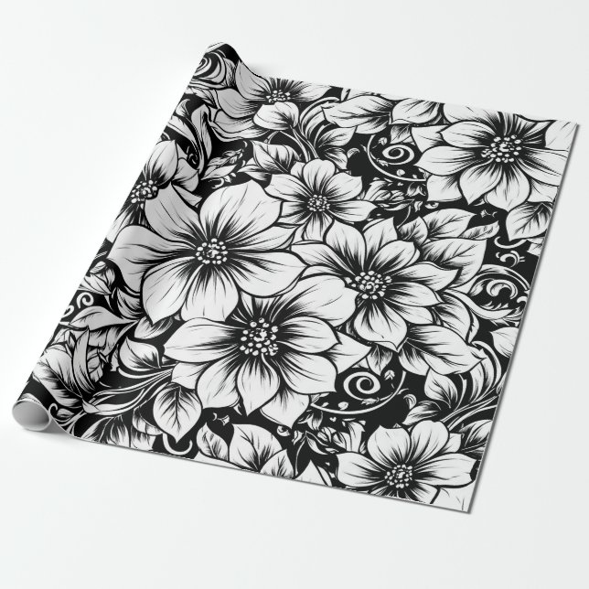 Papel De Presente Padrão de Luxo Floral Monocromático Chic (1) (Desenrolado)
