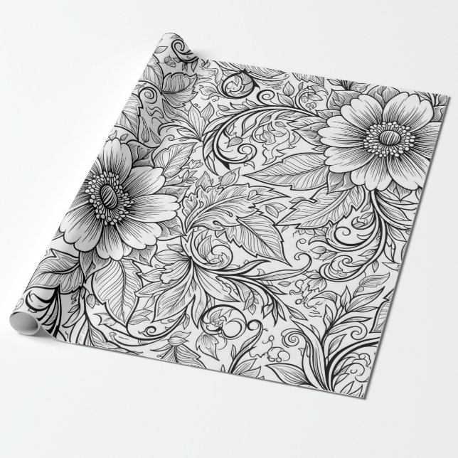 Papel De Presente Padrão de Luxo Floral Monocromático Chic (3) (Desenrolado)