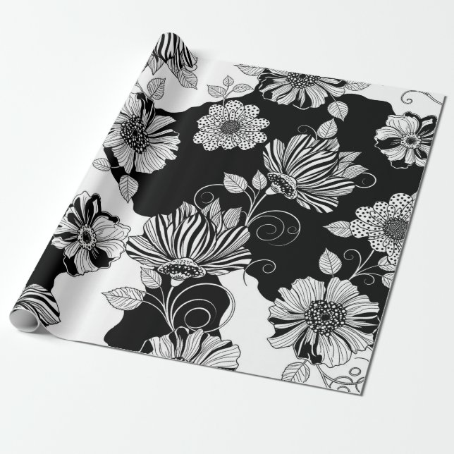 Papel De Presente Padrão de Luxo Floral Monocromático Chic (4) (Desenrolado)