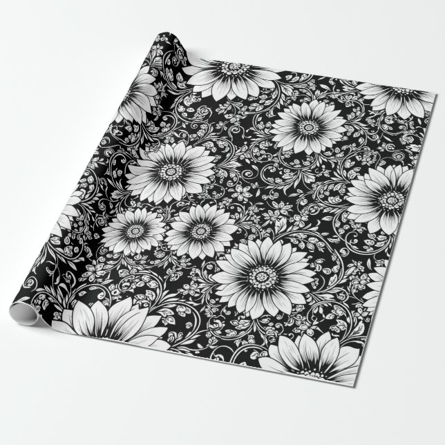 Papel De Presente Padrão de Luxo Floral Monocromático Chic (5) (Desenrolado)