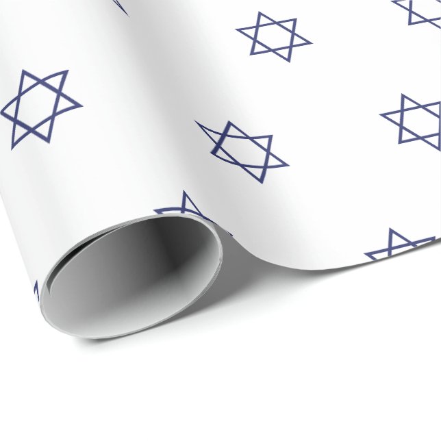 Papel De Presente Padrão de Magen David branco e marinho mínimo (Ponta do rolo)