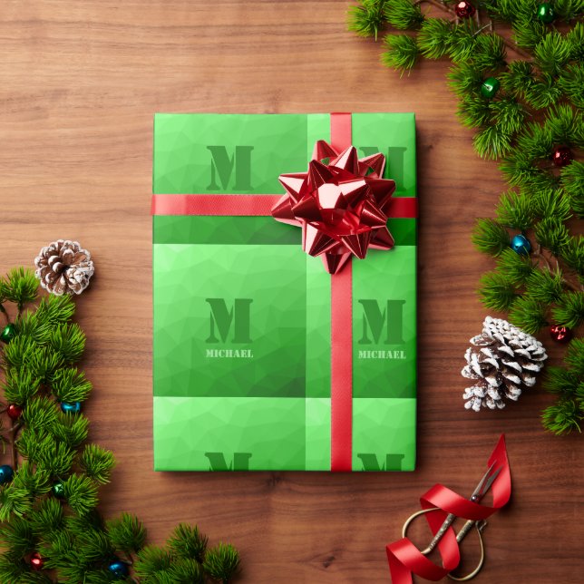Papel De Presente Padrão de malha geométrica monograma verde claro (Presente de Natal)