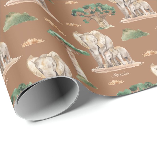 Papel De Presente Padrão de Mamães africanas e de elefante para bebê (Ponta do rolo)