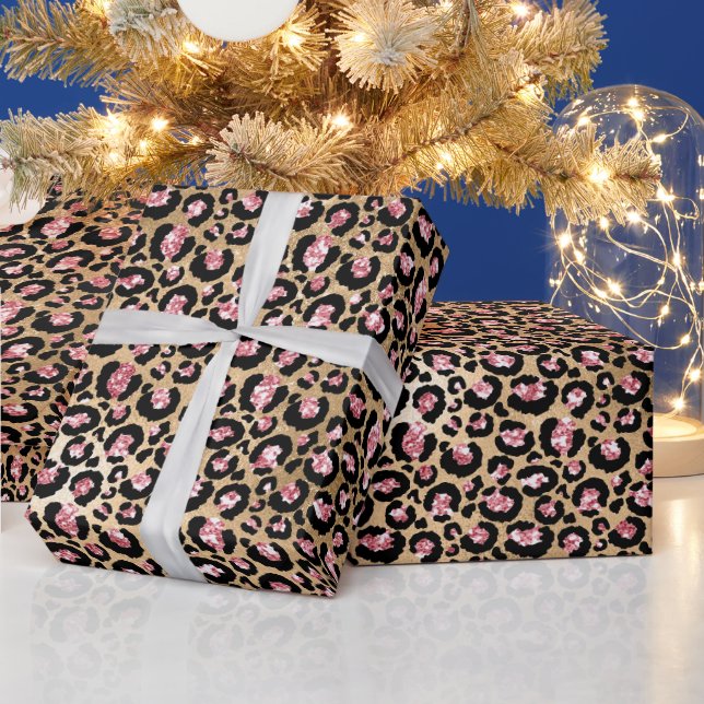 Papel De Presente Padrão de manchas de leopardo com brilho rosa e do (Feriados)