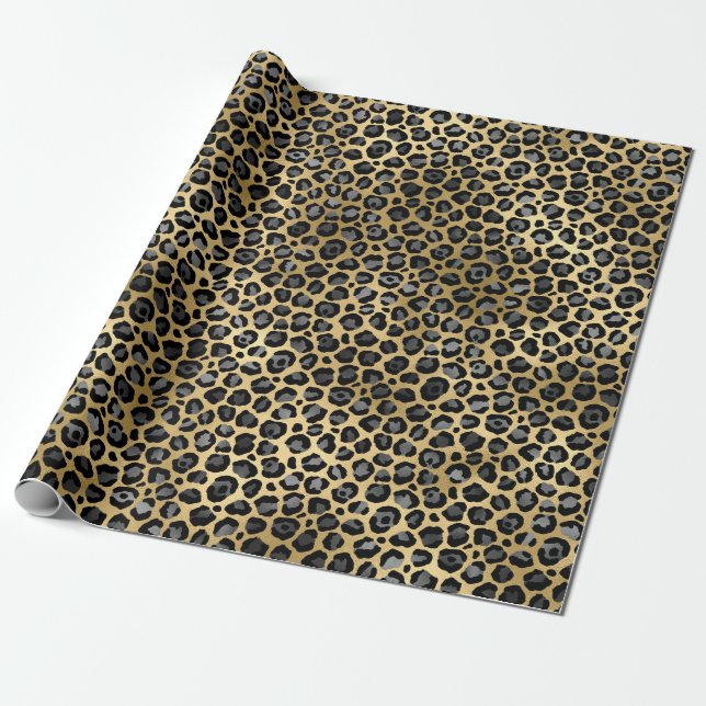 Papel De Presente Padrão de Manchas de Leopardo Preto e Dourado (Desenrolado)