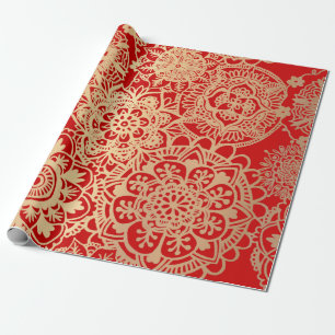 Papel De Presente Padrão de Mandala Dourado Elegante Vermelho