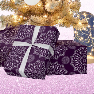 Papel De Presente Padrão de mandala elegante diwali prateado roxo