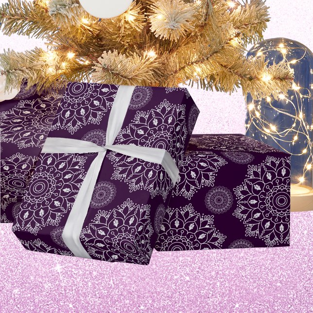Papel De Presente Padrão de mandala elegante diwali prateado roxo (Criador carregado)