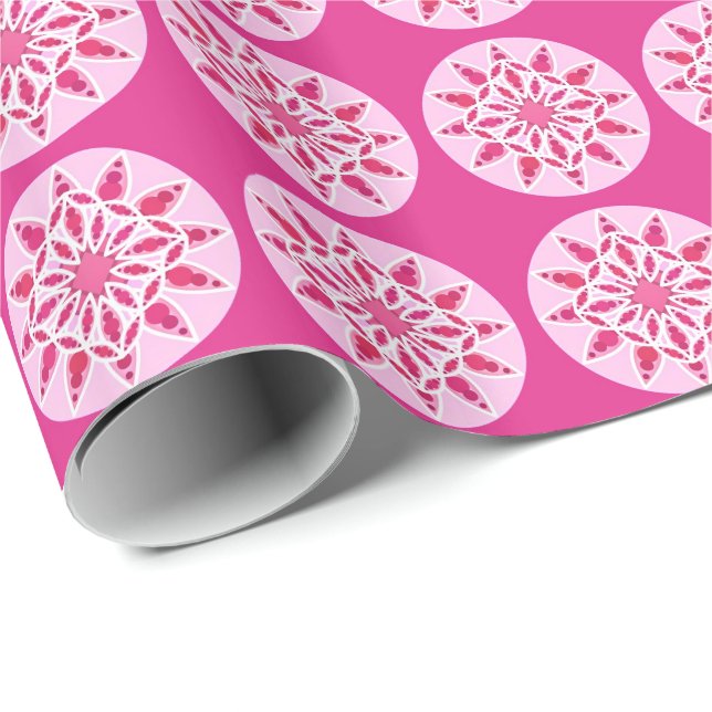 Papel De Presente Padrão de Mandala em rosa, fúcsia e branco (Ponta do rolo)