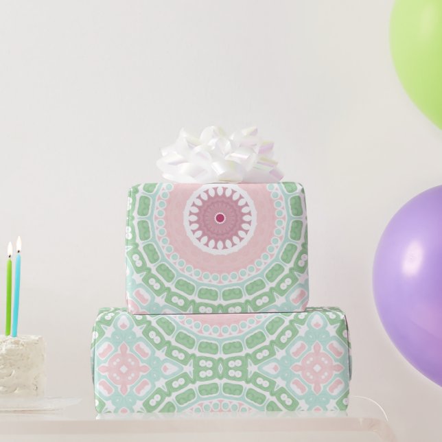Papel De Presente Padrão de Mandala Moderno Rosa e Verde (Presentes para festas)