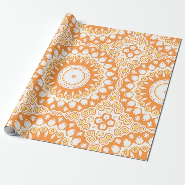 Papel De Presente Padrão de Mandala Radiante Laranja e Amarelo (Desenrolado)