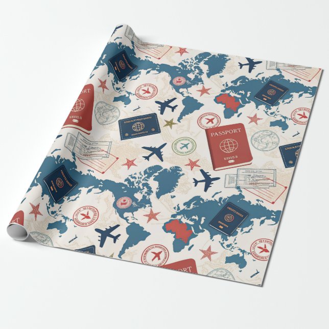 Papel De Presente Padrão de Mapa de Viagem Mundial (Desenrolado)