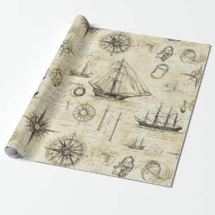 Papel De Presente Padrão de Mapa Náutico Vintage com Navios e Bússol