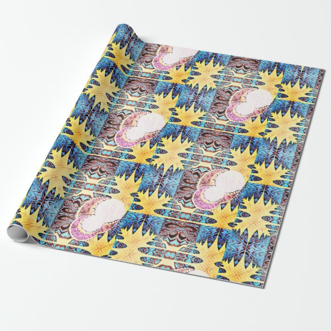 Papel De Presente Padrão de Mapeamento de outono e Luas (Desenrolado)