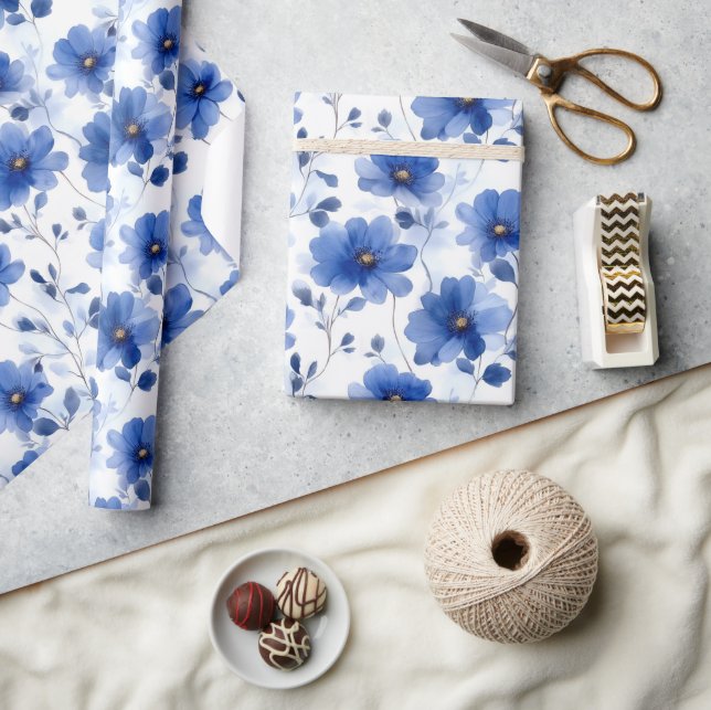 Papel De Presente Padrão de margarida azul de aquarela (Artesanato)