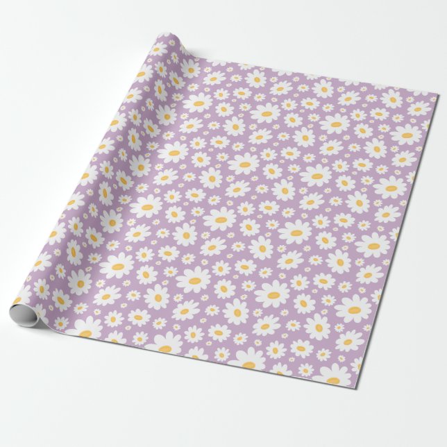 Papel De Presente Padrão de Margarida Desenhada à Mão com Lavanda (Desenrolado)