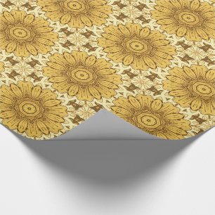 Papel De Presente Padrão de Margarida Geométrica em Dourado Mostarda