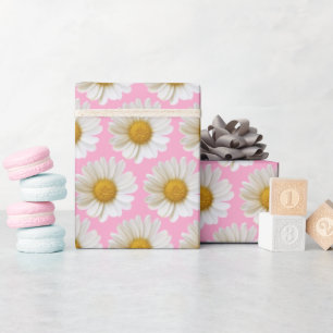 Papel De Presente Padrão de Margaridas Brancas em Fundo Rosa