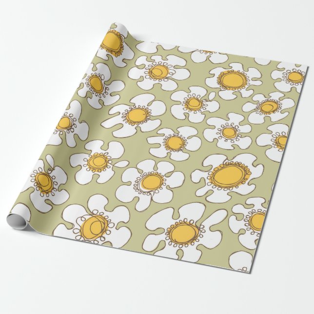 Papel De Presente Padrão de margaridas da linha de Solteiro oleícola (Desenrolado)