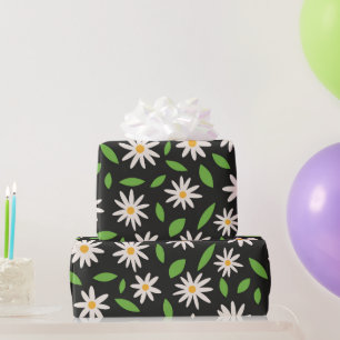 Papel De Presente Padrão de Margaridas Retro Groovy em Preto de Aniv