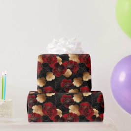 Papel De Presente Padrão de Mármore Floral Vermelho, Preto e Dourado