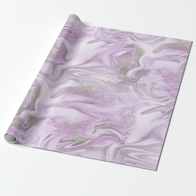 Papel De Presente Padrão de Mármore Roxo Claro e Prata Moderno (Desenrolado)