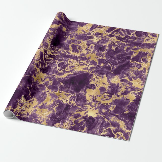 Papel De Presente Padrão de Mármore Roxo e Dourado Moderno (Desenrolado)
