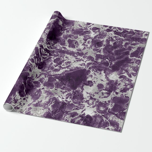 Papel De Presente Padrão de Mármore Roxo e Prata Moderno (Desenrolado)