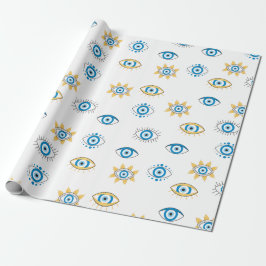 Papel De Presente Padrão de Mati do Olho Grego Azul, Dourado e Branc