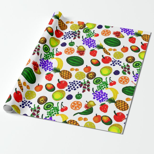 Papel De Presente Padrão de Medley de Fruta Desenhada Mão (Desenrolado)