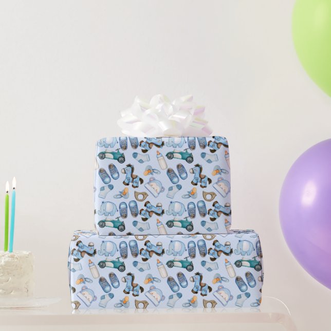 Papel De Presente Padrão de Menino Bebê Aquarela com Brinquedos Roup (Presentes para festas)