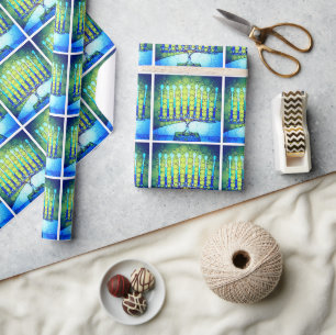 Papel De Presente Padrão de Menorá Azul Verde Moderno de Hanuka