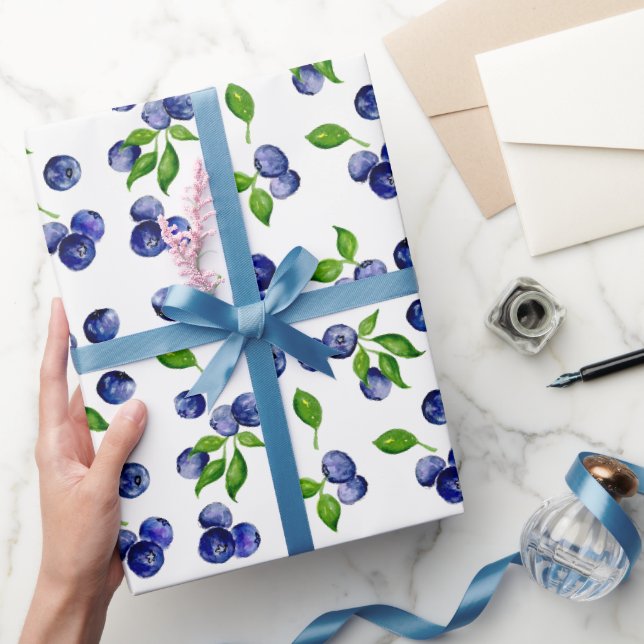 Papel De Presente Padrão de Mirtilos em Aquarela Frutas Lindas (Presentear)