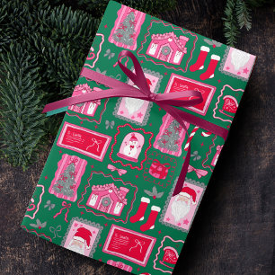 Papel De Presente Padrão de molduras coquete rosa fofo Natal verde
