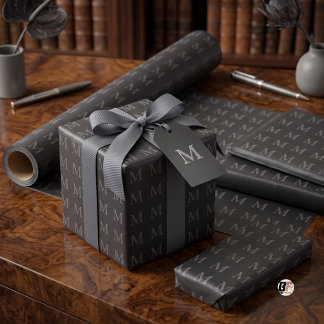 Papel De Presente Padrão de Monograma em Faux Couro Preto Texturizad