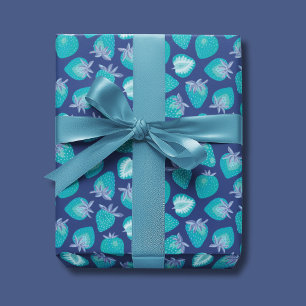 Papel De Presente Padrão de Morango Azul