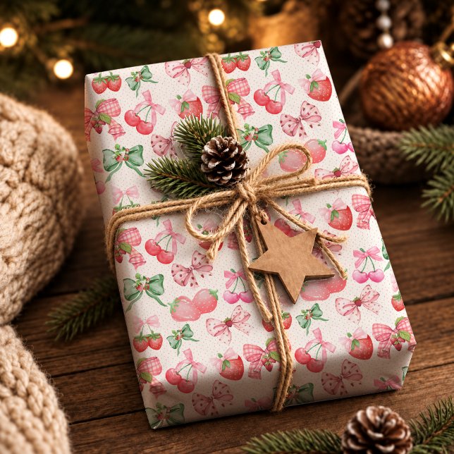 Papel De Presente Padrão de Morango Coquete Rosa Fofo (Criador carregado)