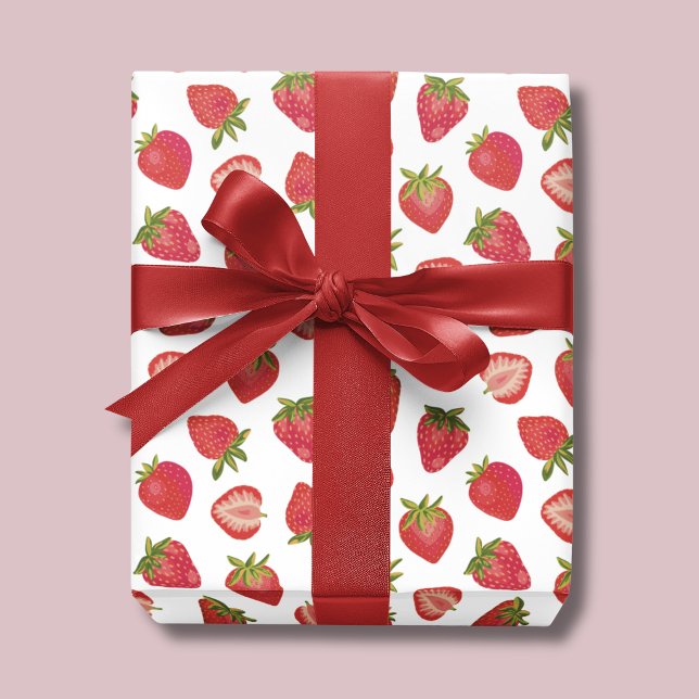 Papel De Presente Padrão de Morango de Verão (Strawberry Wrapping Paper roll. Also available in rolls. Perfect for girls birthday & baby shower)