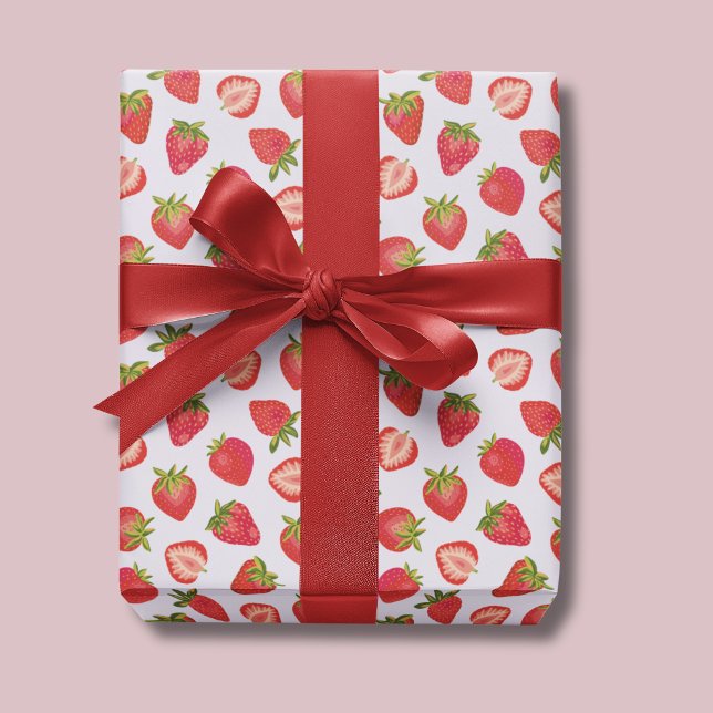 Papel De Presente Padrão de Morango de Verão Rosa (Cute strawberry summer fruit wrapping paper, ideal for birthdays gift wrap.)