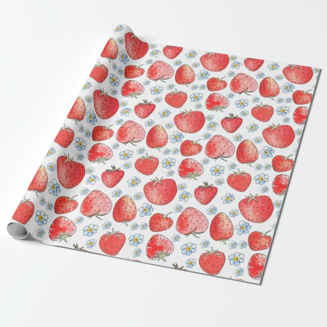 Papel De Presente Padrão de morango fresco e brilhante. Água (Desenrolado)