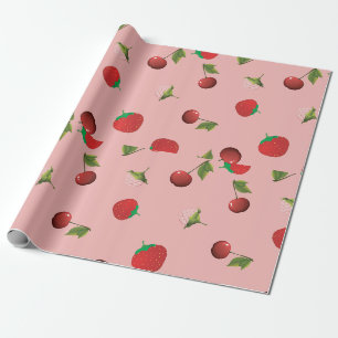 Papel De Presente Padrão de Morango Vermelho e Cereja Fruta Rosa