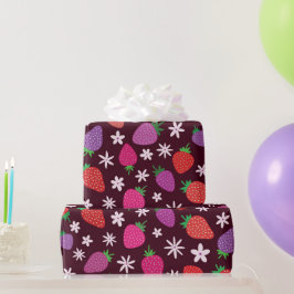 Papel De Presente Padrão de Morangos e Flores Brancas 