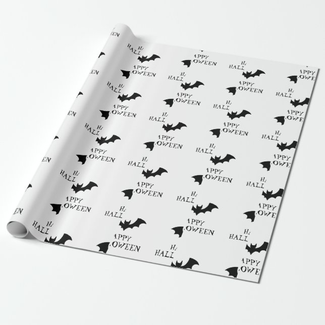 Papel De Presente Padrão de morcegos brancos e pretos do Halloween (Desenrolado)