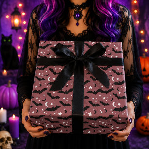 Papel De Presente Padrão de Morcegos Rosa Mauve Gótico Estrelas Lua