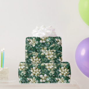 Papel De Presente Padrão de mosaico de flores verdes e creme elegant