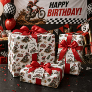 Papel De Presente Padrão de Motocross de Bicicleta de Terra Vermelha