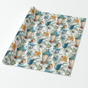 Papel De Presente Padrão de natais vintages em Teal, Ivory, Tan