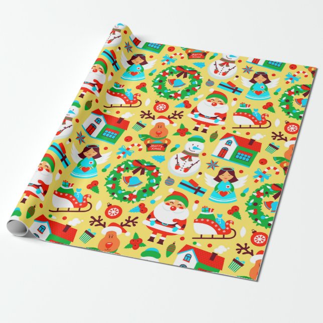 Papel De Presente Padrão de Natal Amarelo Bonito (Desenrolado)