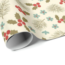Papel De Presente Padrão de Natal Antigo com Azevinho e Pinheiro